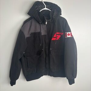 Snap On Black and Gray Bomber Jacket hooded with Red Accents Canada 🇨🇦 Medium
